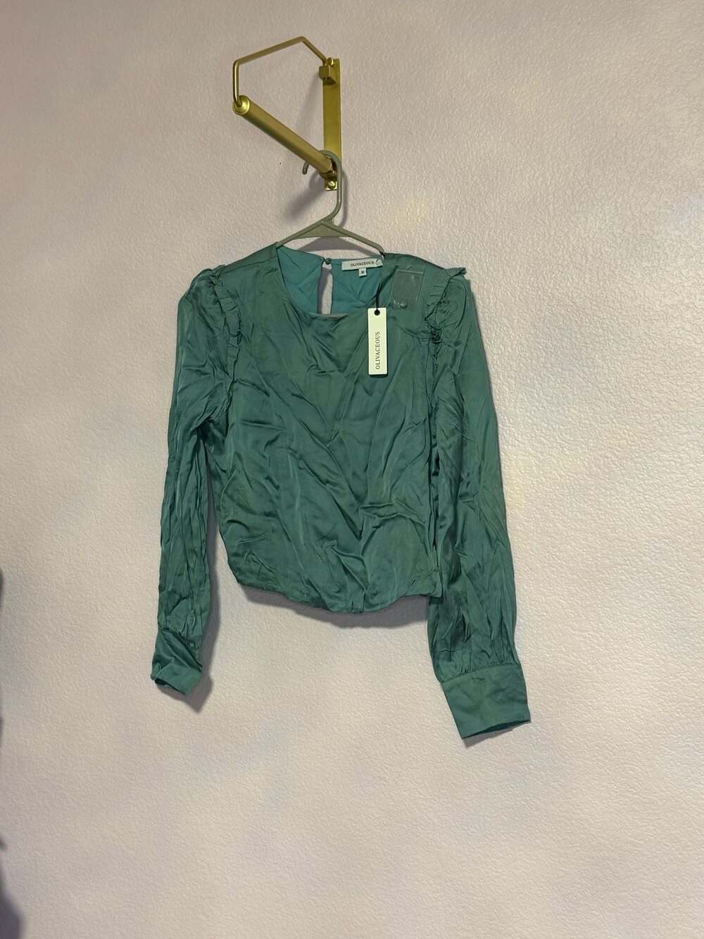 Olivaceous Blouse Size M Green Long Sleeve Ruffle Satin Top